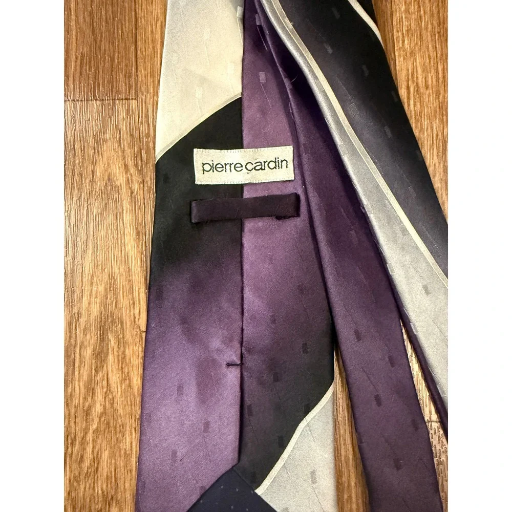 Pierre Cardin Mens Silk Tie Purple Black Silver Abstract Geometric Modern Design